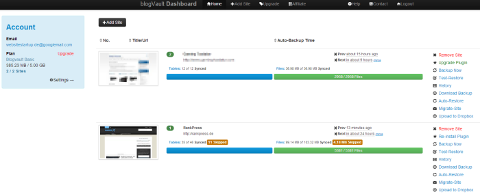 blogvault dashboard